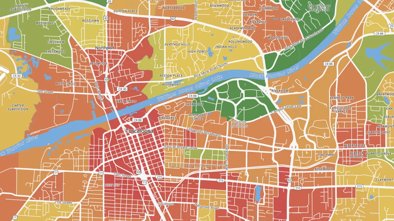Audubon Place, Tuscaloosa, AL Map of Burglary Rates