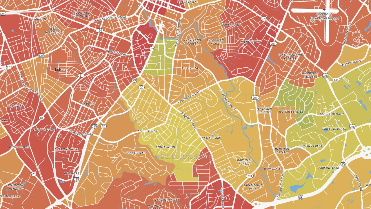 Augusta Street Area, Greenville, SC Map of Burglary Rates