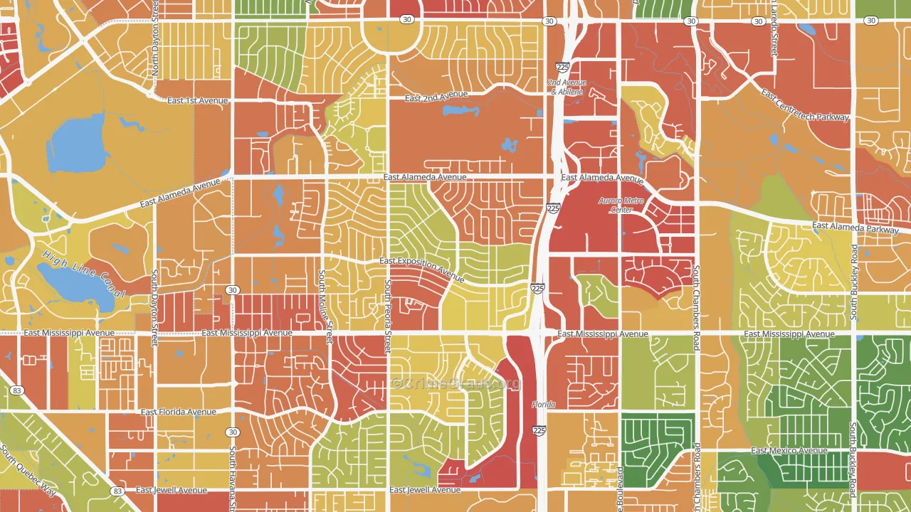 Aurora Hills, Aurora, CO Map of Burglary Rates