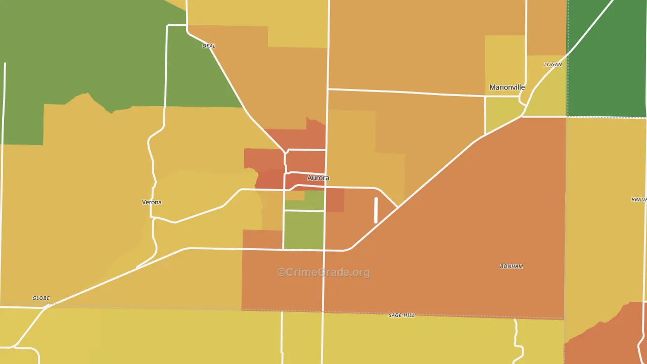 Aurora, MO Map of Burglary Rates