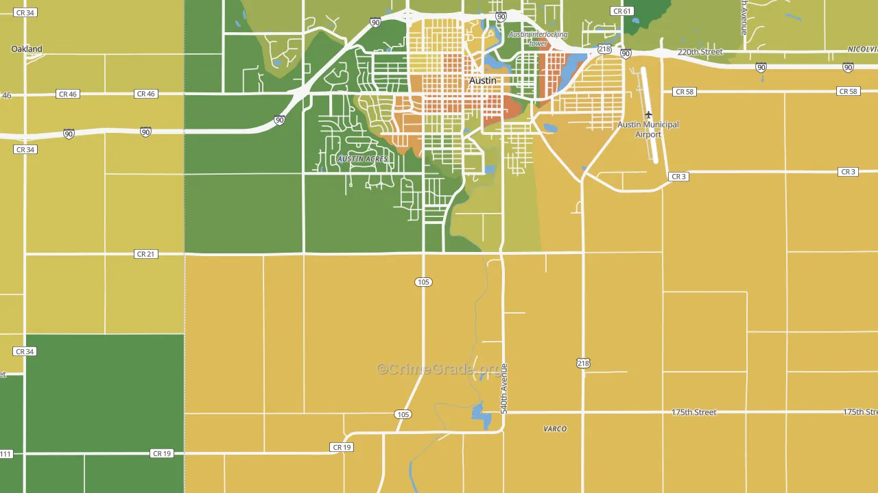 Austin Acres, MN Map of Burglary Rates