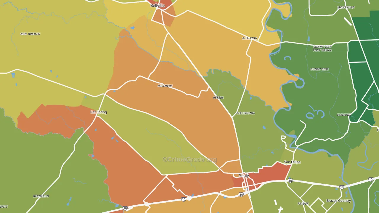 Austin County, TX Map of Burglary Rates
