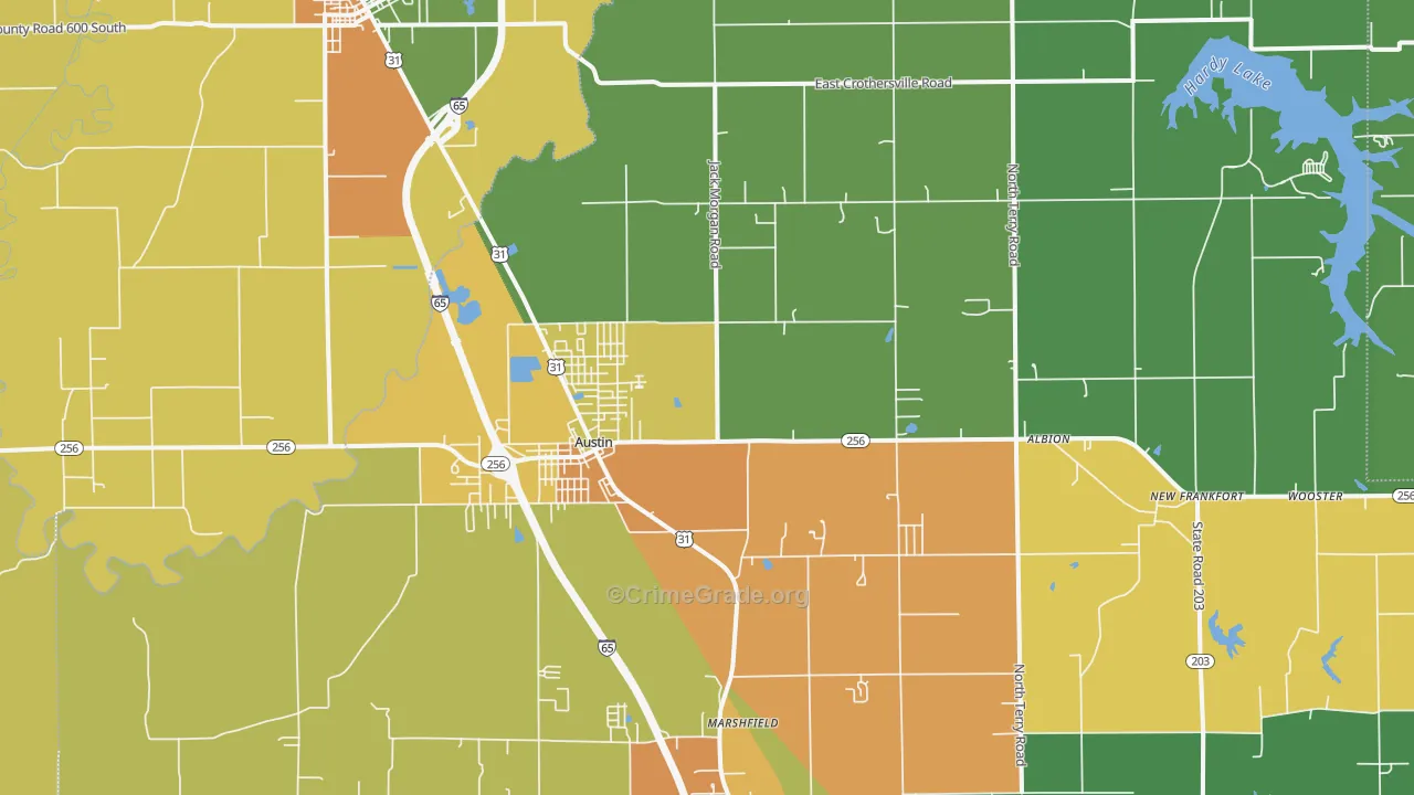 Austin, IN Map of Burglary Rates