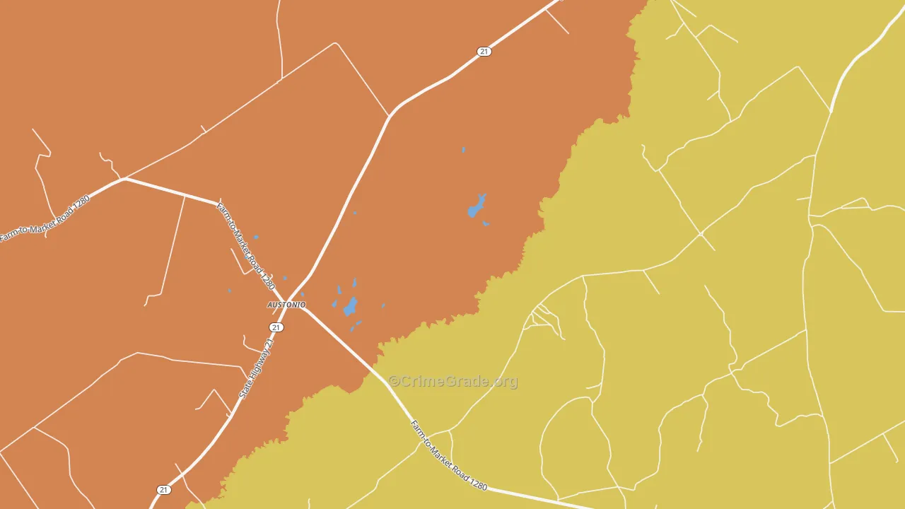 Austonio, TX Map of Burglary Rates