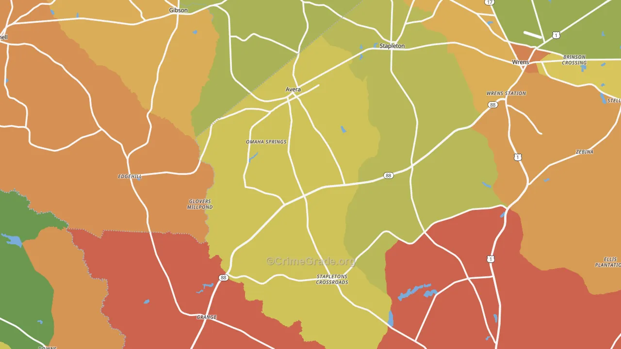 Avera, GA Map of Burglary Rates
