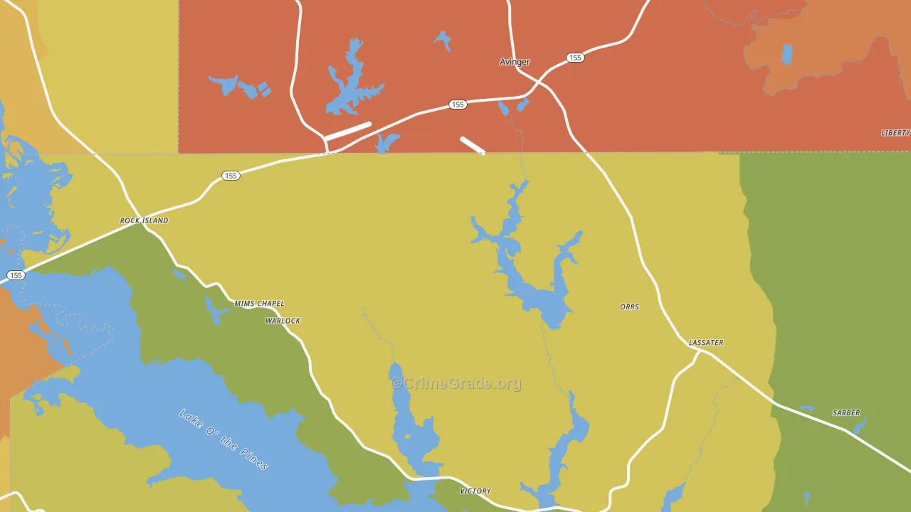 Avinger, TX Map of Burglary Rates