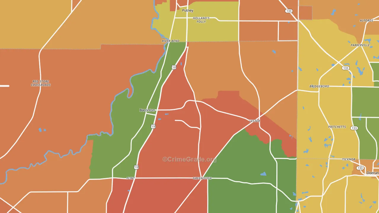 Baconton, GA Map of Burglary Rates
