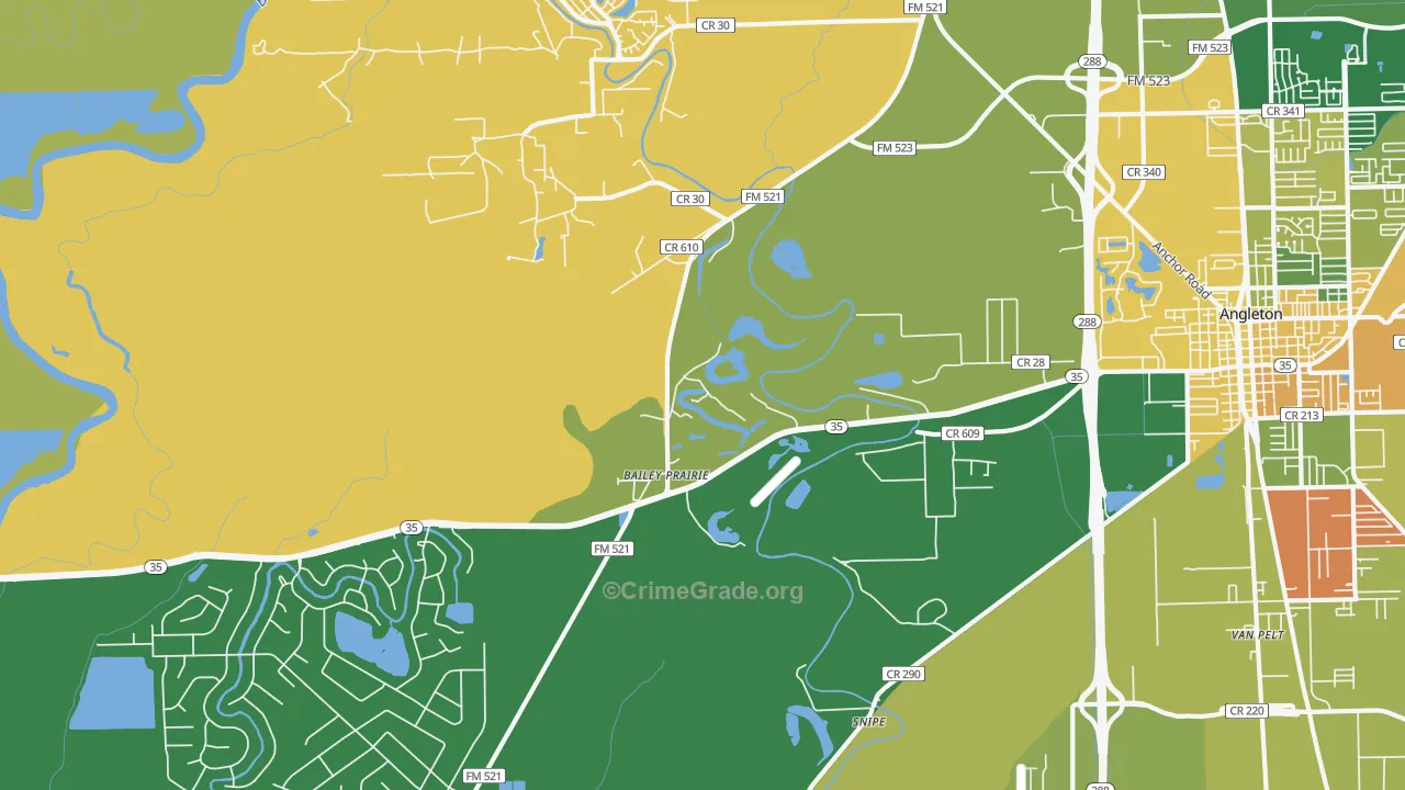 Baileys Prairie, TX Map of Burglary Rates