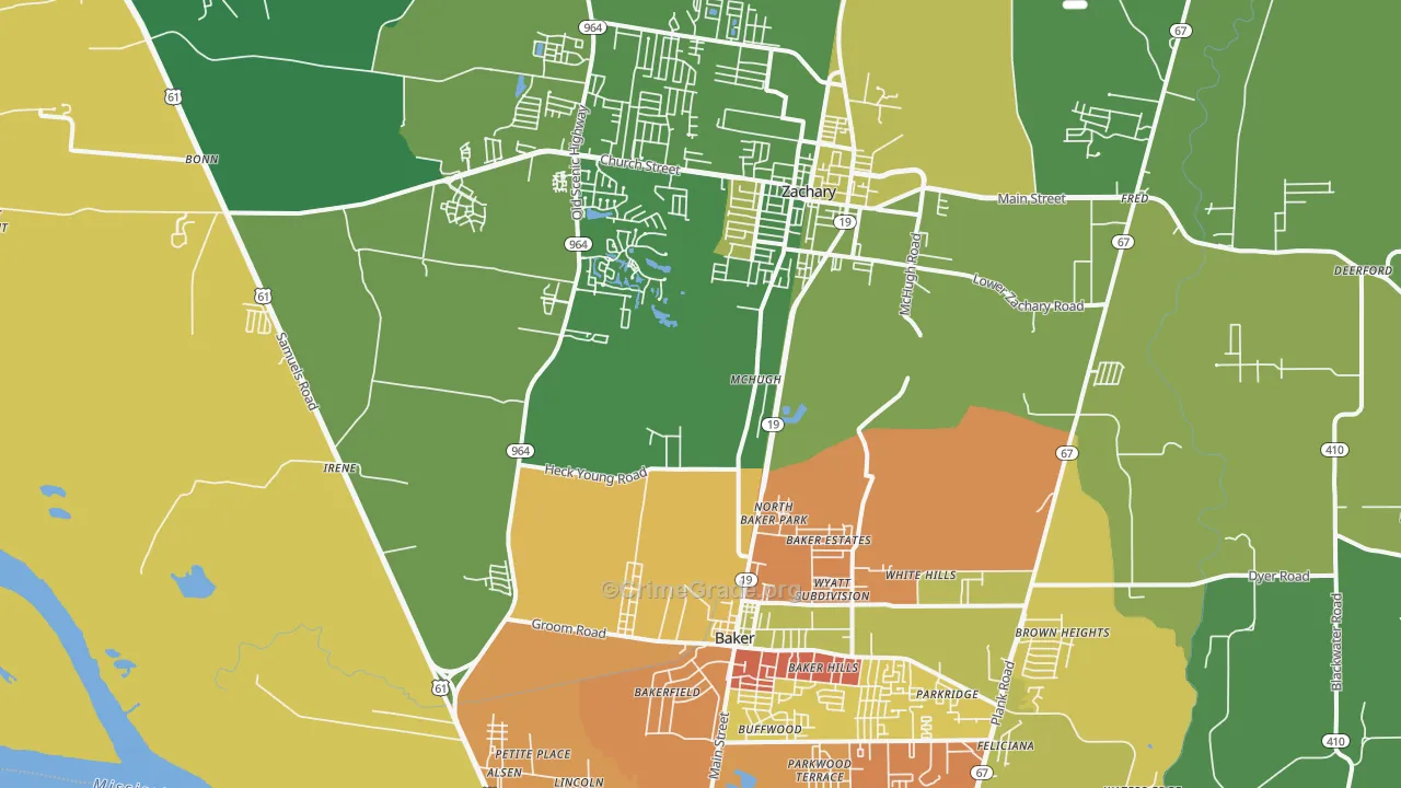 Baker-Zachary Area, Baker, LA Map of Burglary Rates