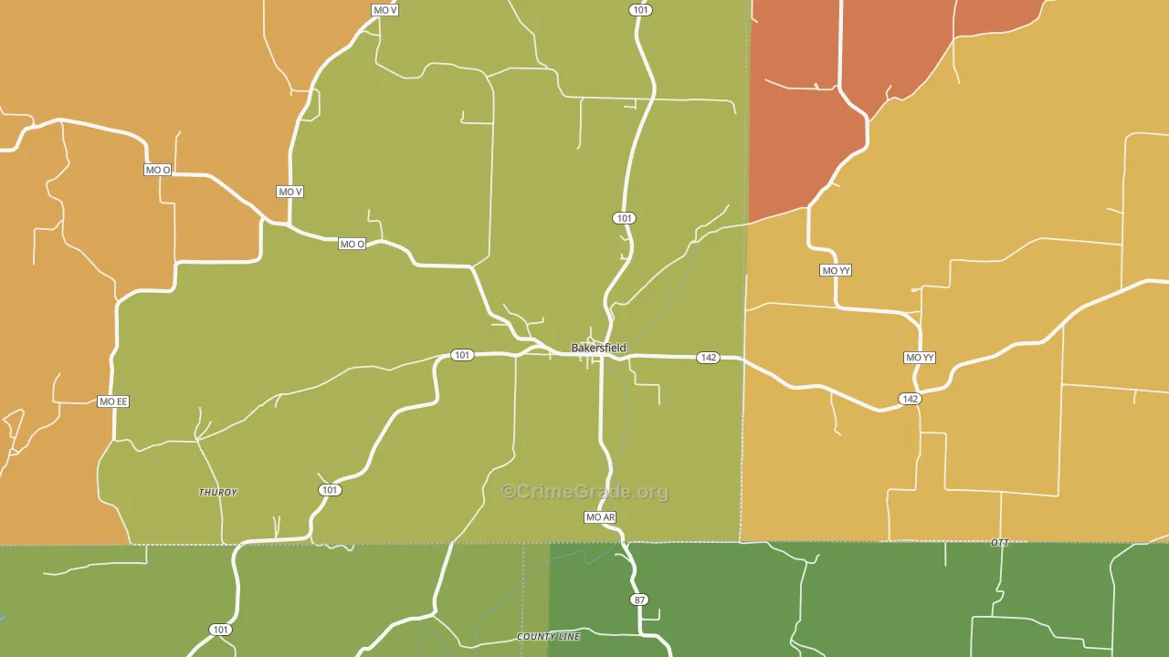 Bakersfield, MO Map of Burglary Rates