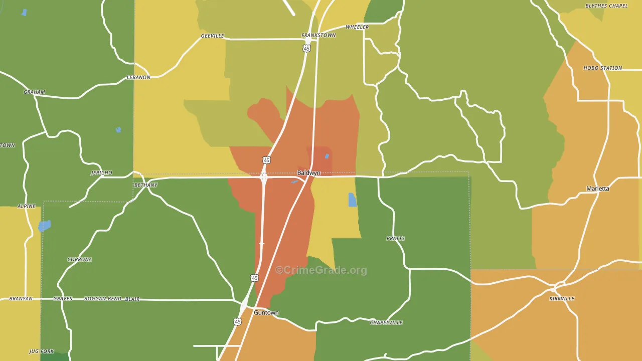 Baldwyn, MS Map of Burglary Rates