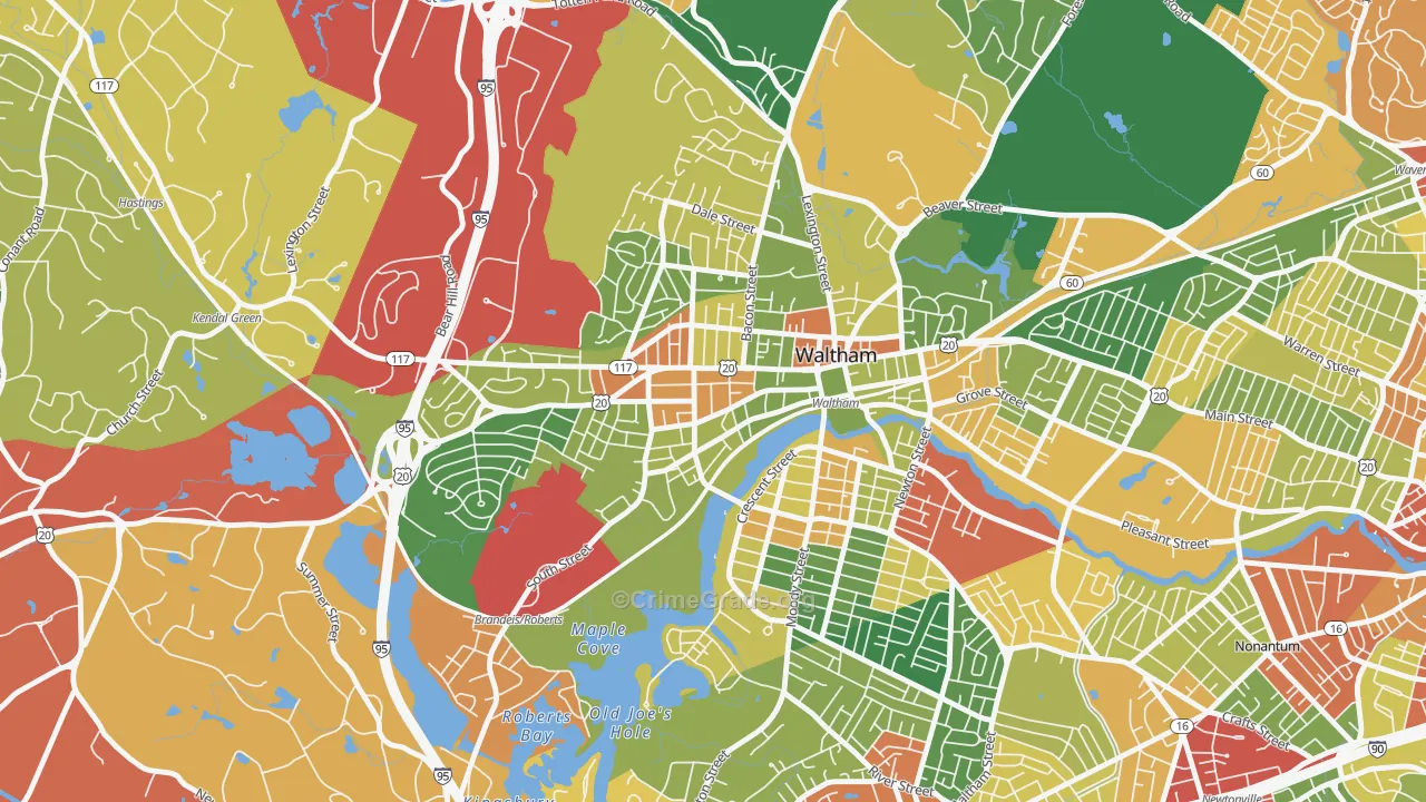 Bank Square, Waltham, MA Map of Burglary Rates