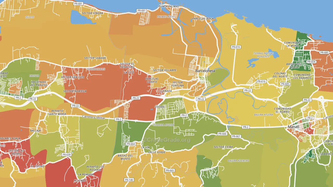 Barceloneta Municipio, PR Map of Burglary Rates