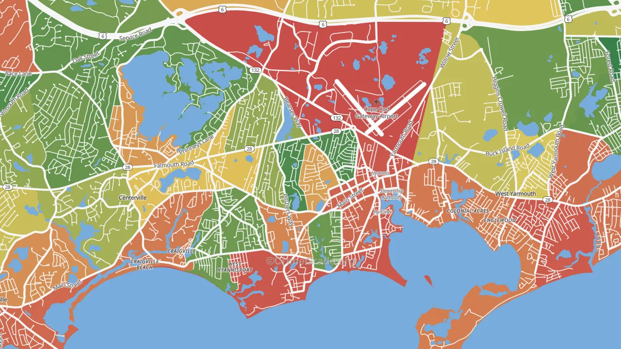 Barnstable Town, MA Map of Burglary Rates