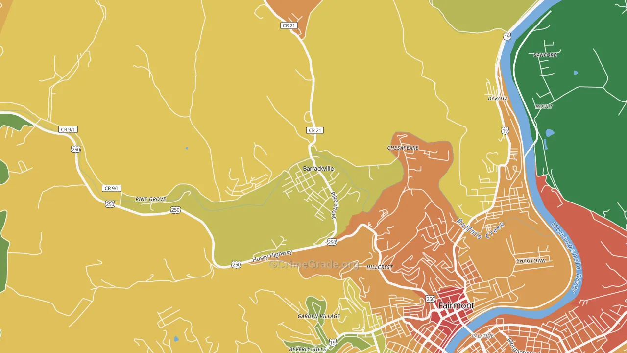 Barrackville, WV Map of Burglary Rates