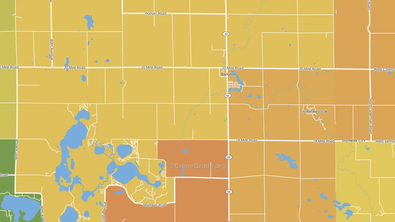 Barryton, MI Map of Burglary Rates