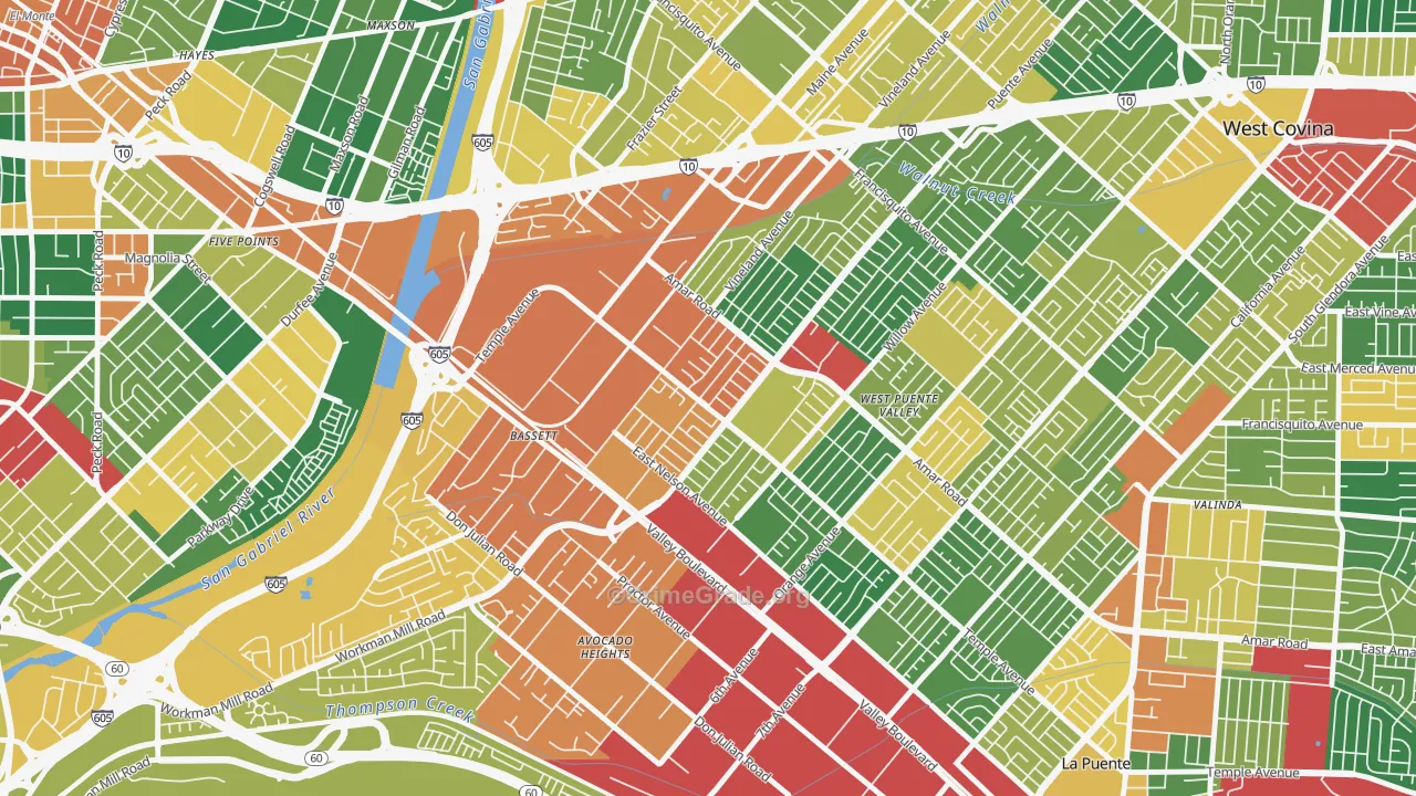 Bassett, West Puente Valley, CA Map of Burglary Rates