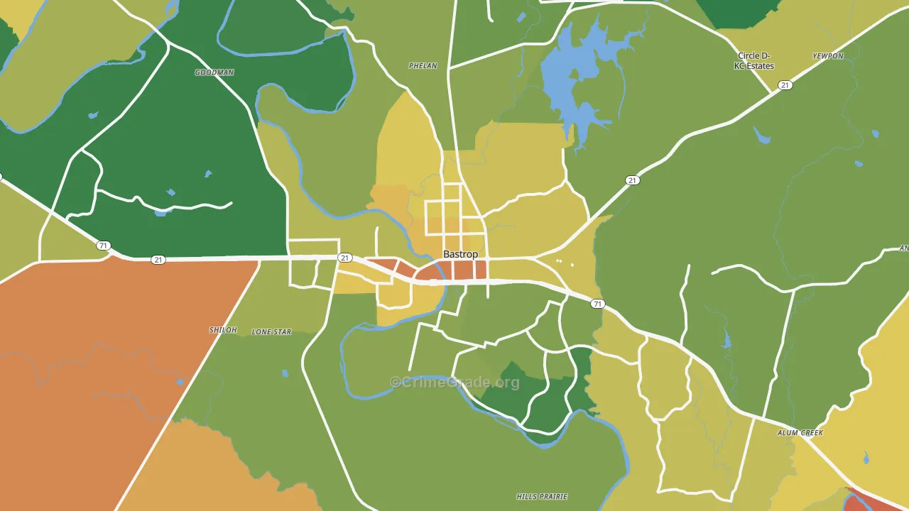 Bastrop, TX Map of Burglary Rates