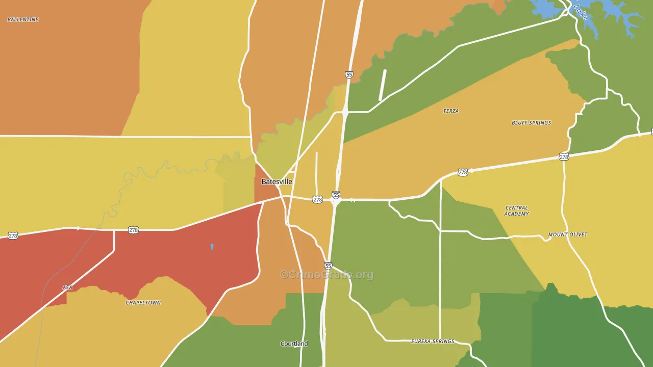 Batesville, MS Map of Burglary Rates
