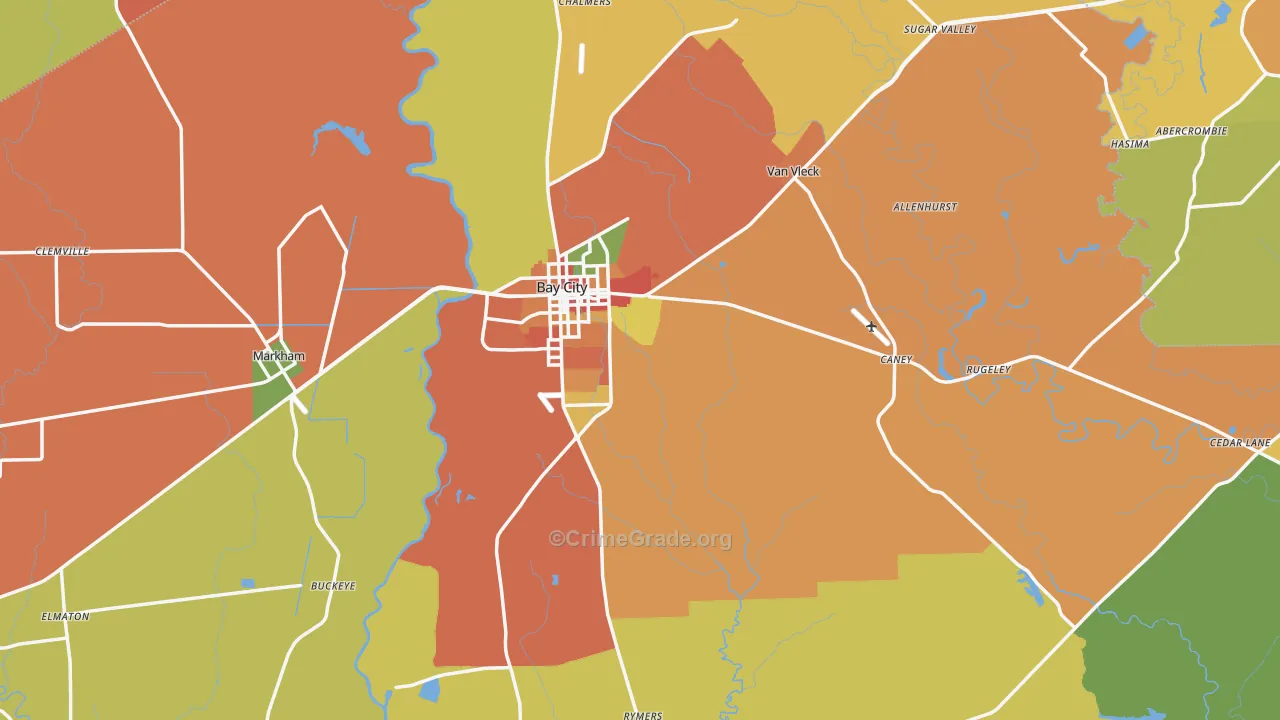 Bay City, TX Map of Burglary Rates