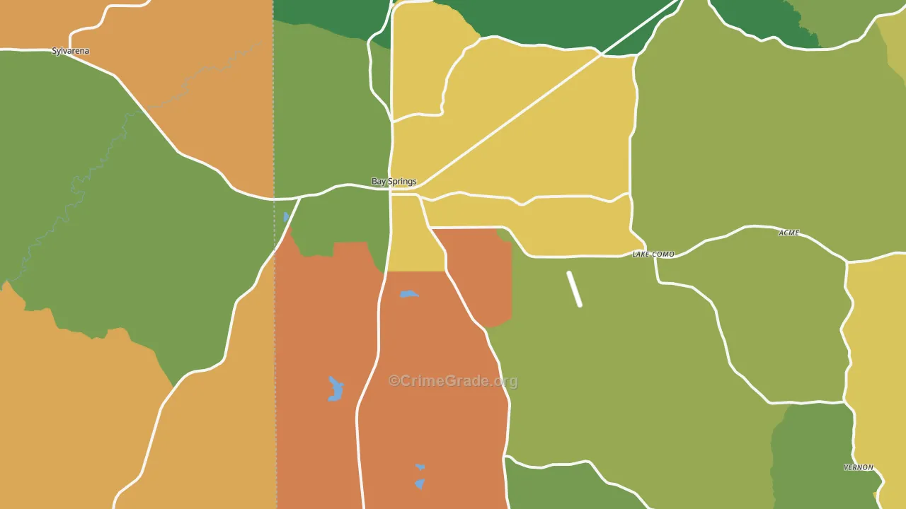 Bay Springs, MS Map of Burglary Rates