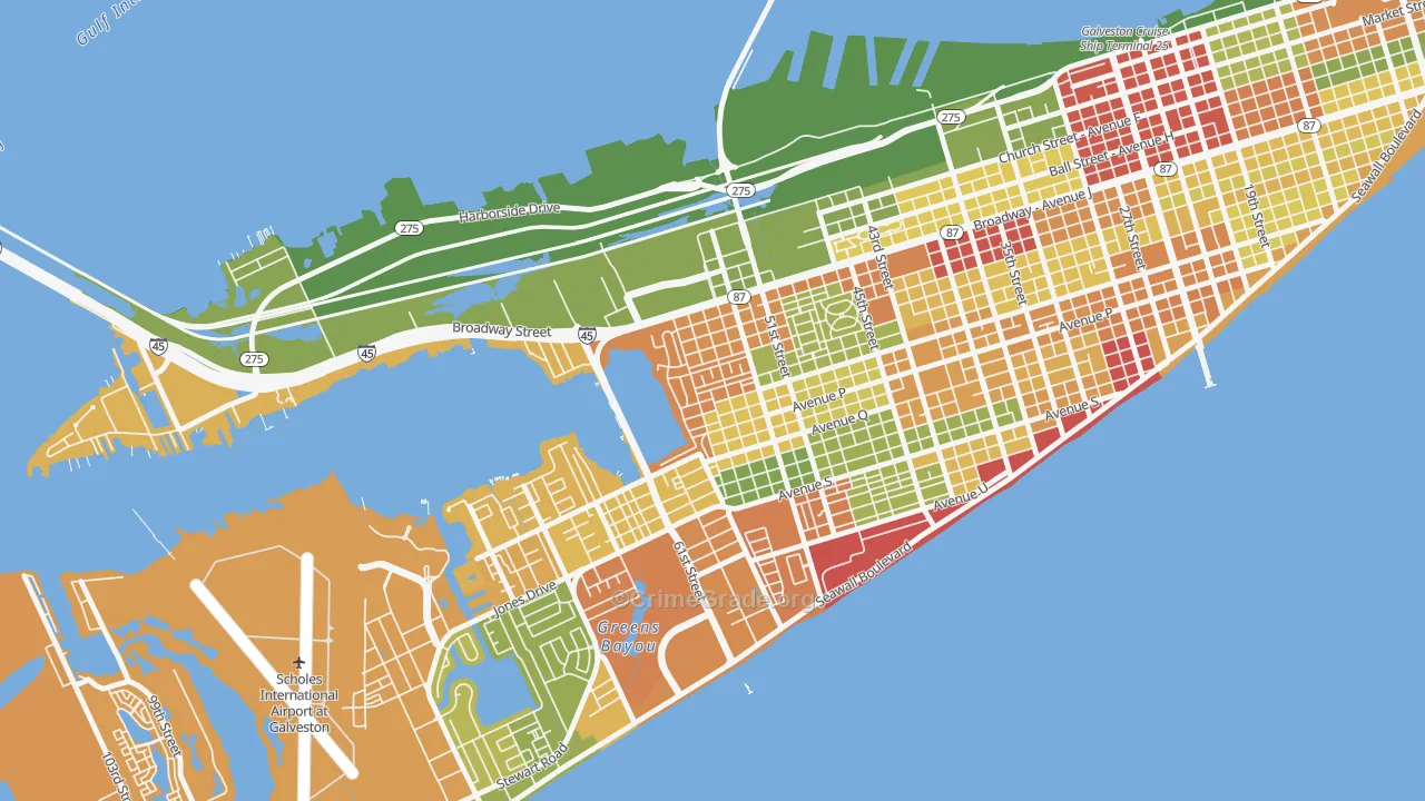 Bayou Shore, Galveston, TX Map of Burglary Rates
