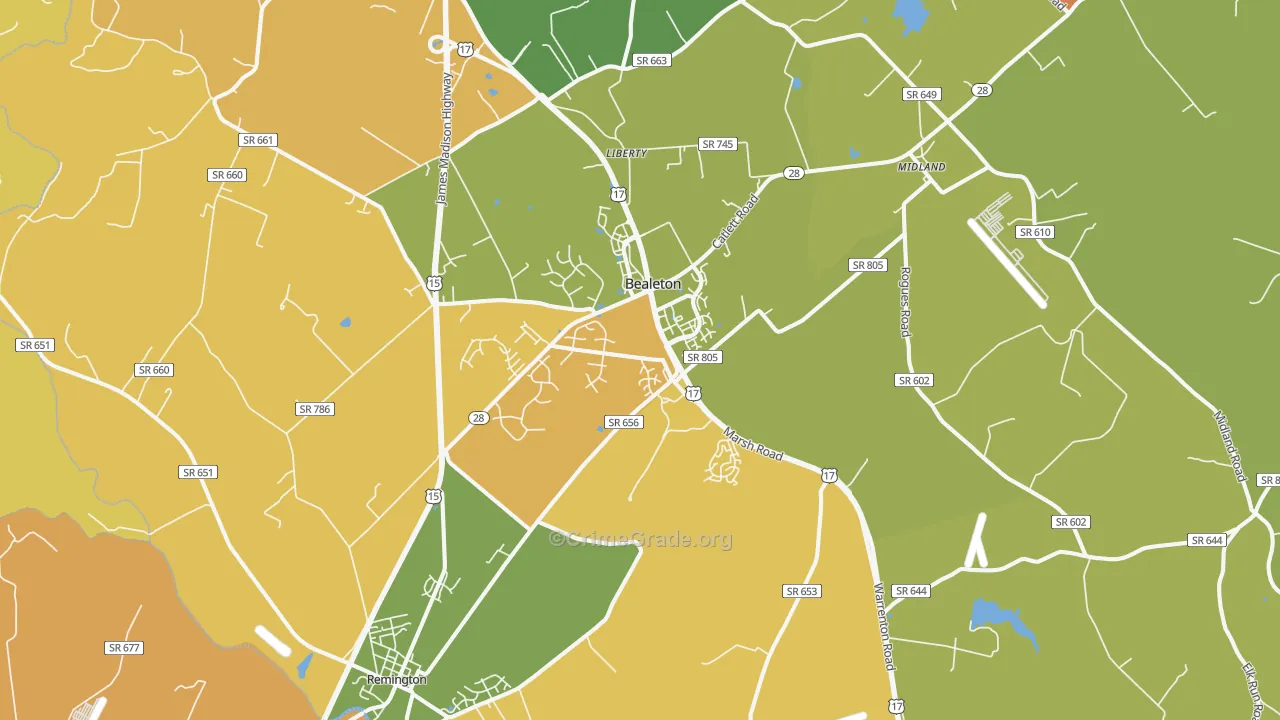 Bealeton, VA Map of Burglary Rates