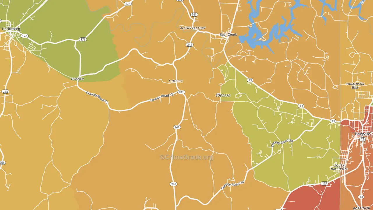 Bear Creek, AL Map of Burglary Rates