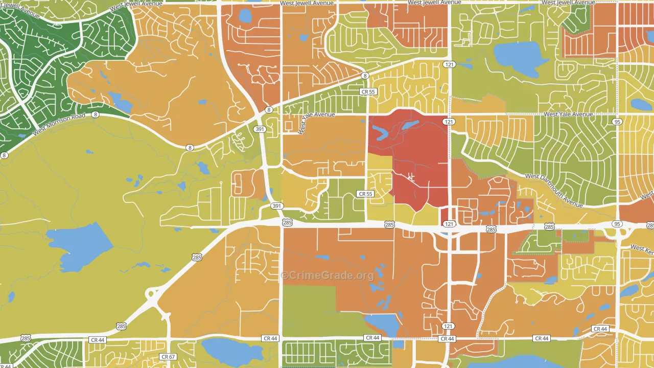 Bear Creek, Lakewood, CO Map of Burglary Rates
