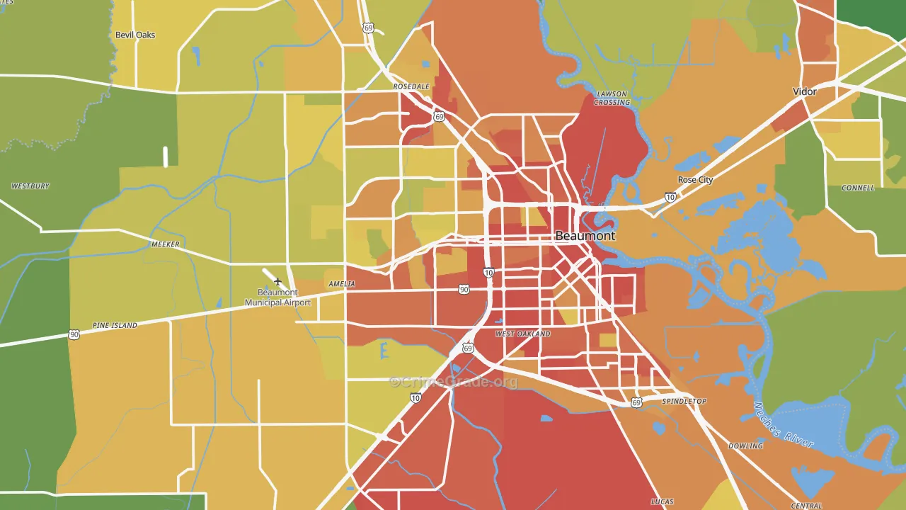 Beaumont, TX Map of Burglary Rates
