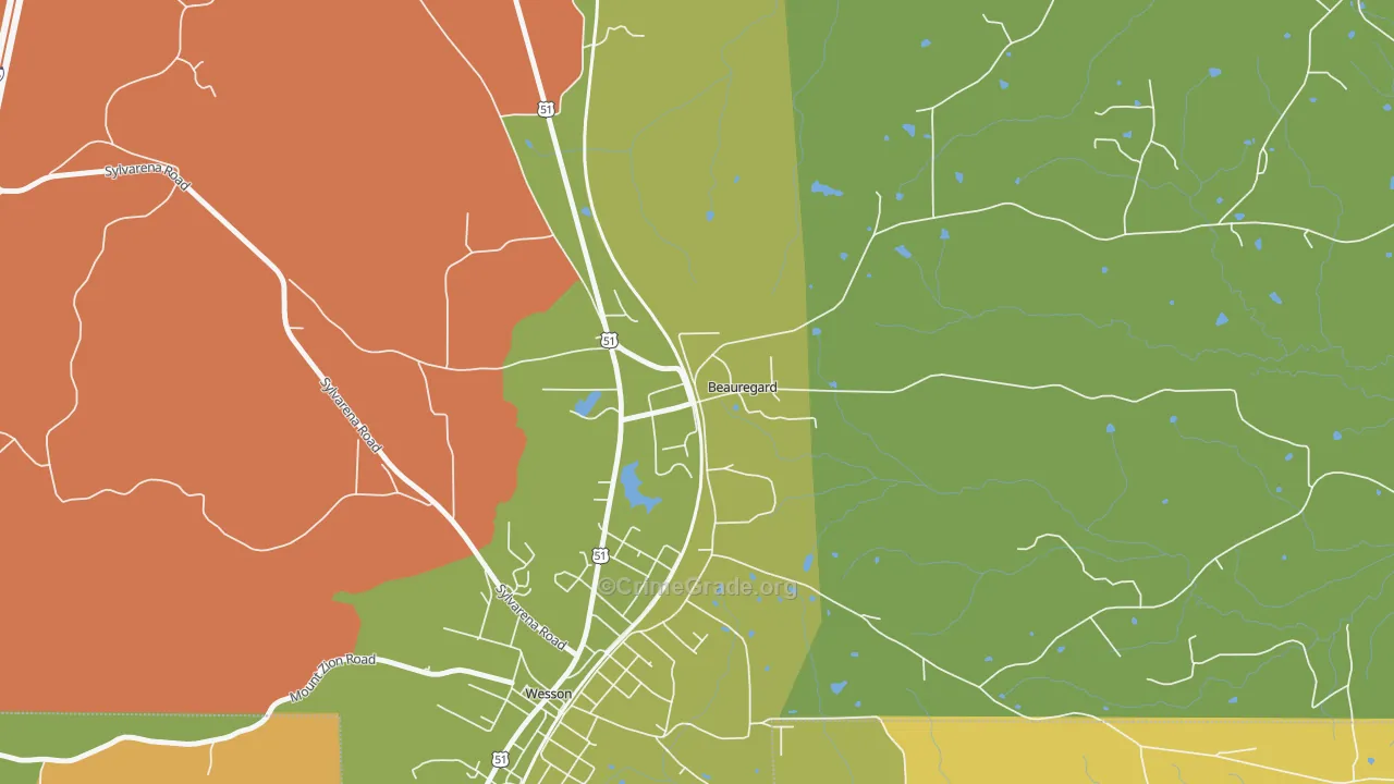 Beauregard, MS Map of Burglary Rates