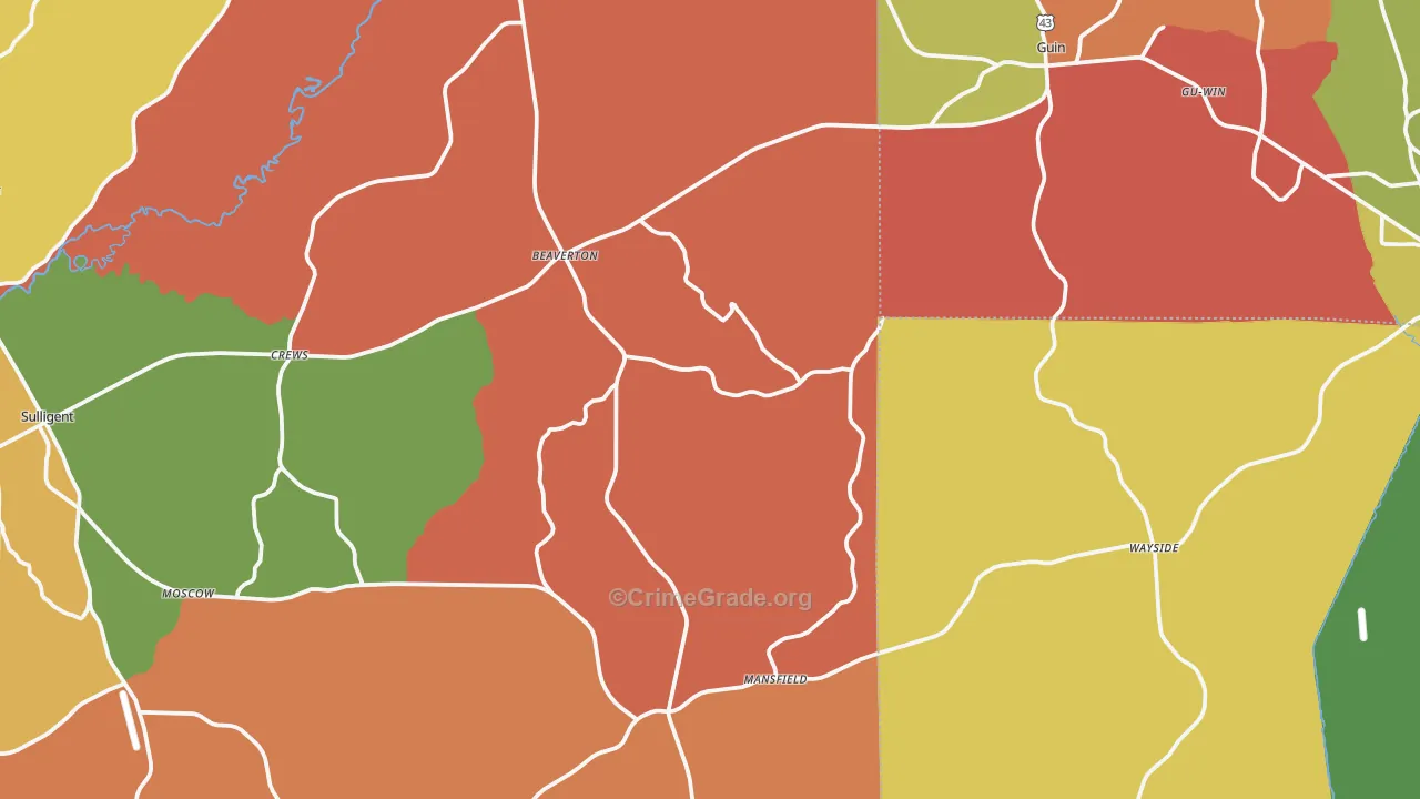 Beaverton, AL Map of Burglary Rates
