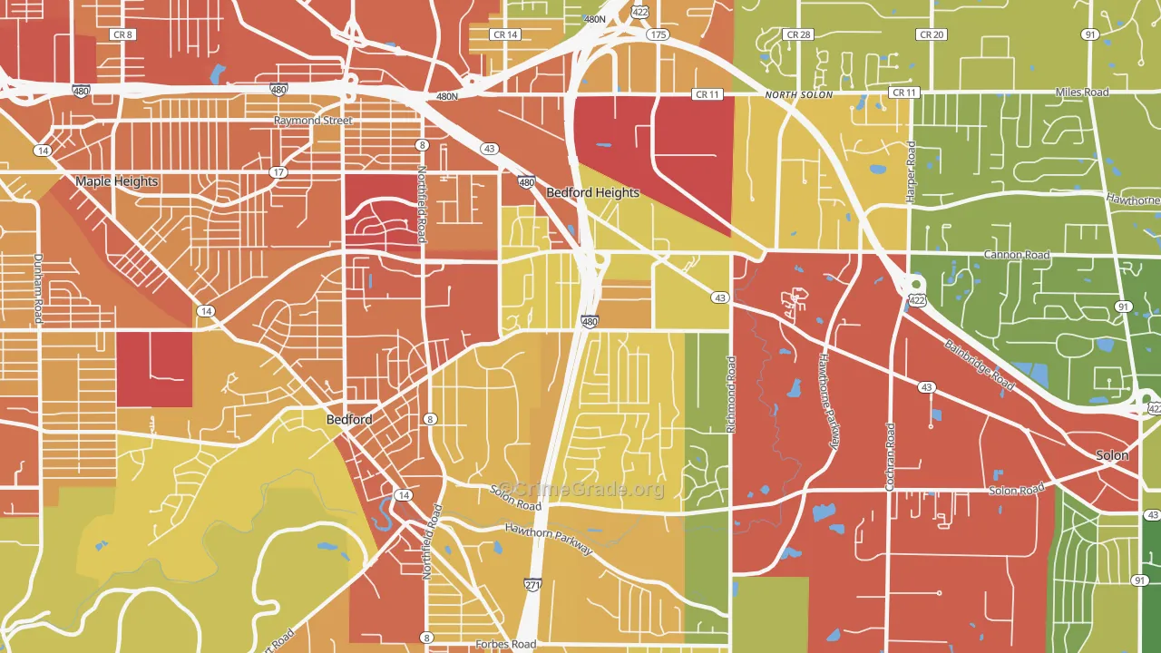 Bedford Heights, OH Map of Burglary Rates