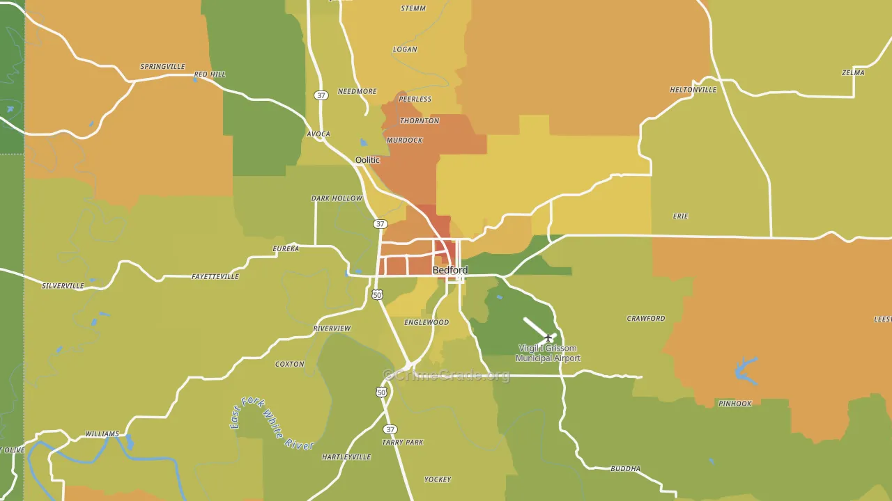 Bedford, IN Map of Burglary Rates