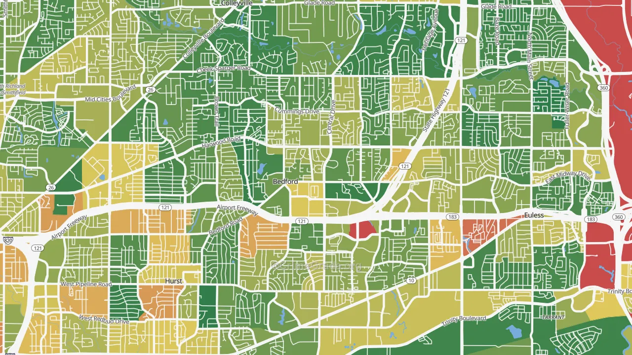 Bedford, TX Map of Burglary Rates