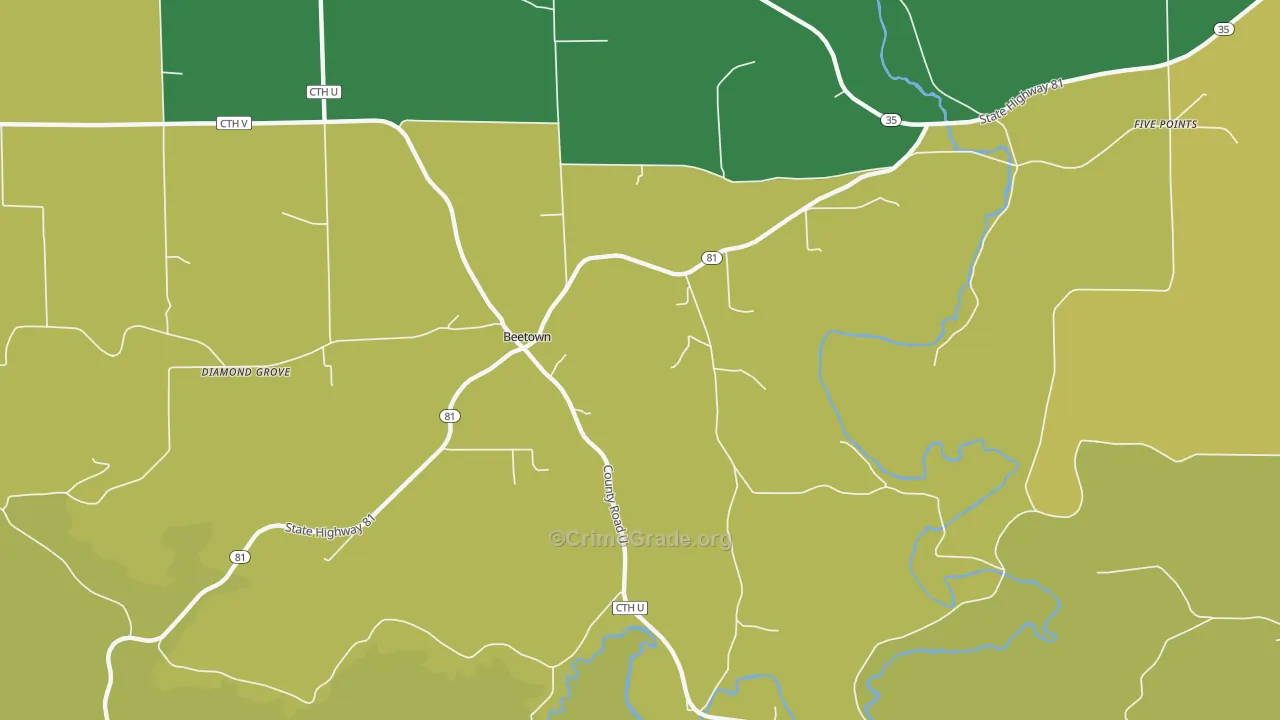 Beetown, WI Map of Burglary Rates