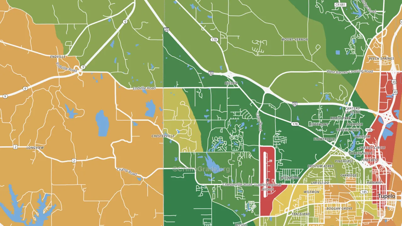 Belden, MS Map of Burglary Rates