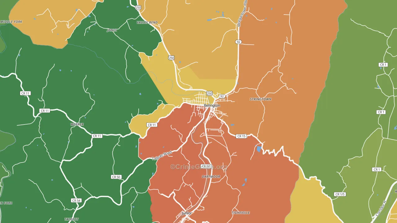 Belington, WV Map of Burglary Rates