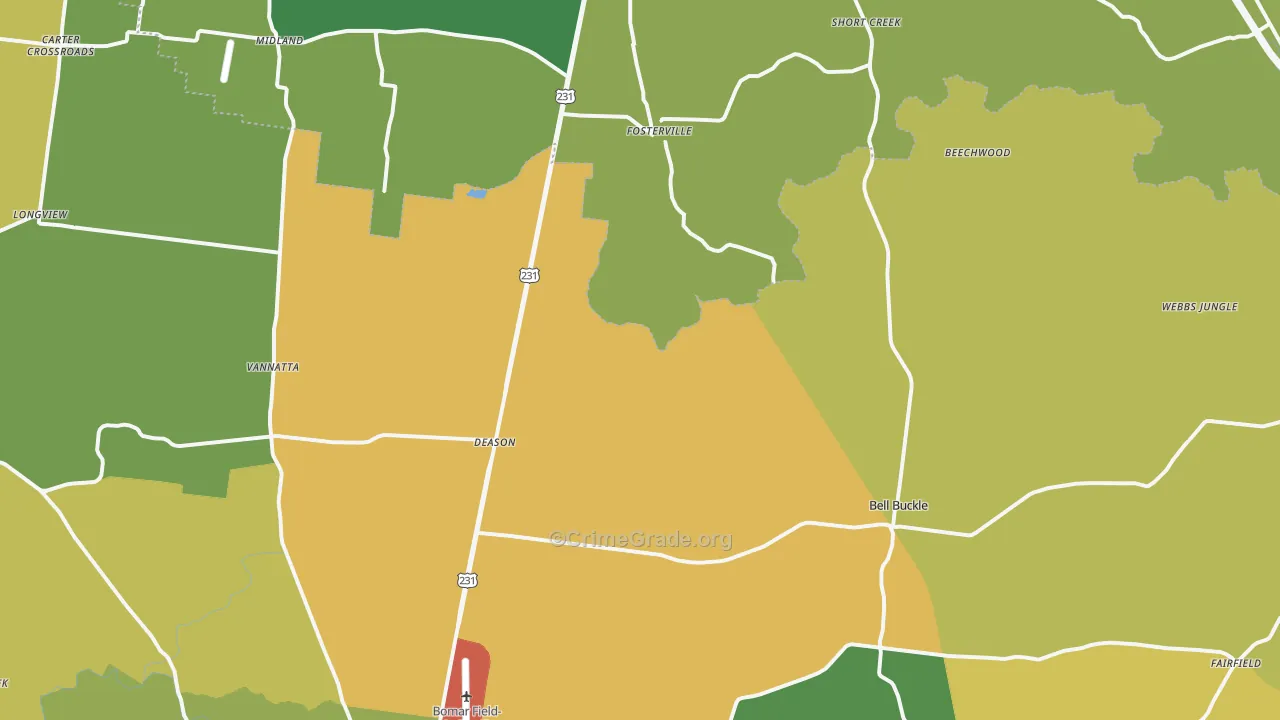 Bell Buckle, TN Map of Burglary Rates