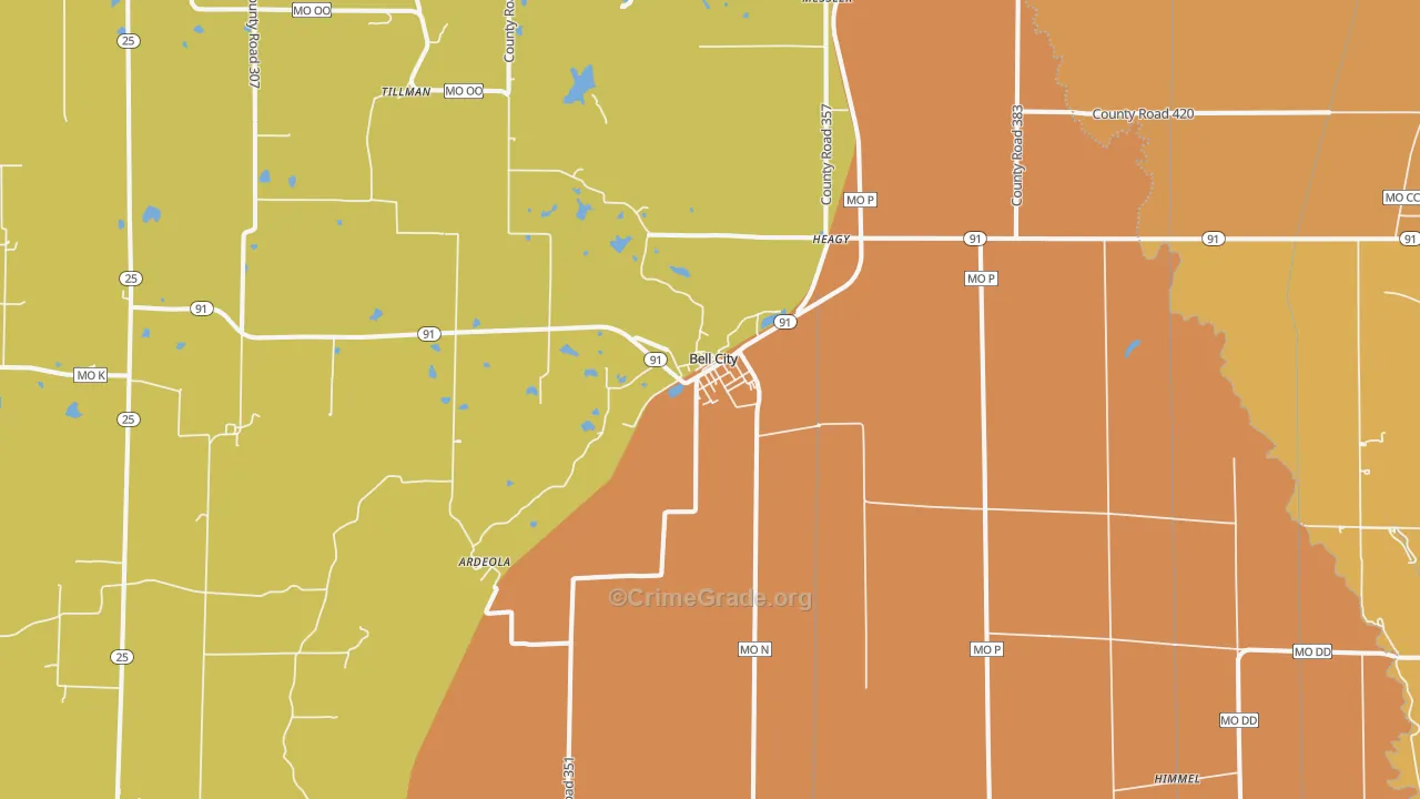Bell City, MO Map of Burglary Rates