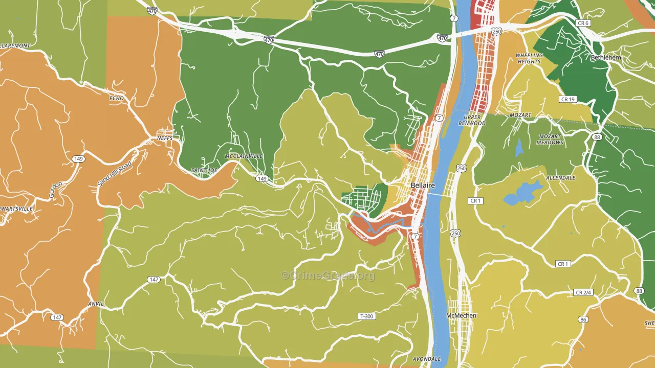 Bellaire, OH Map of Burglary Rates
