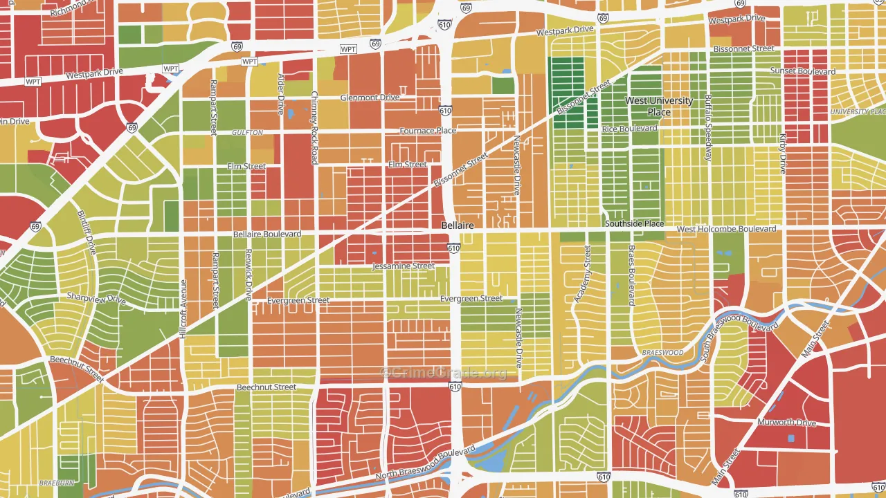 Bellaire, TX Map of Burglary Rates