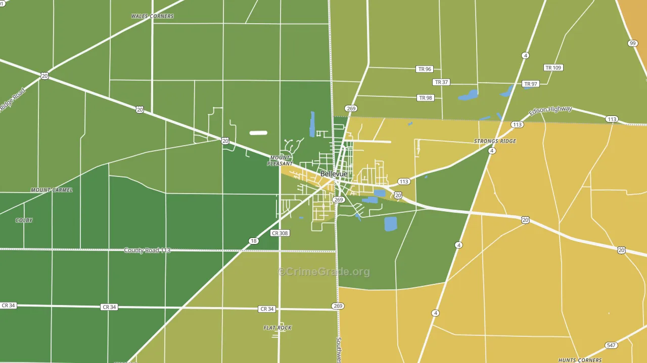 Bellevue, OH Map of Burglary Rates