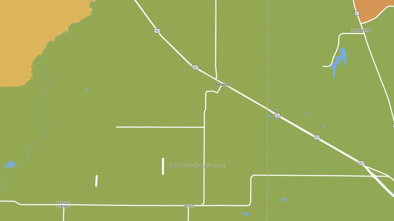 Bellevue, TX Map of Burglary Rates