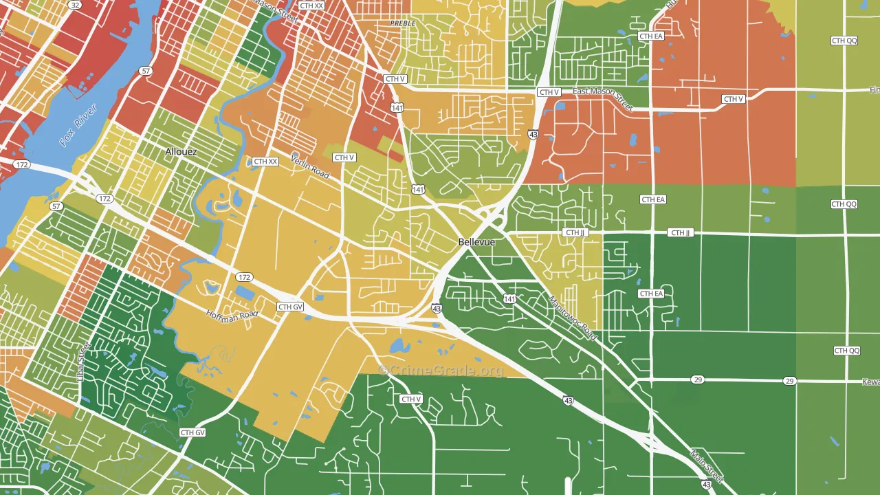 Bellevue, WI Map of Burglary Rates