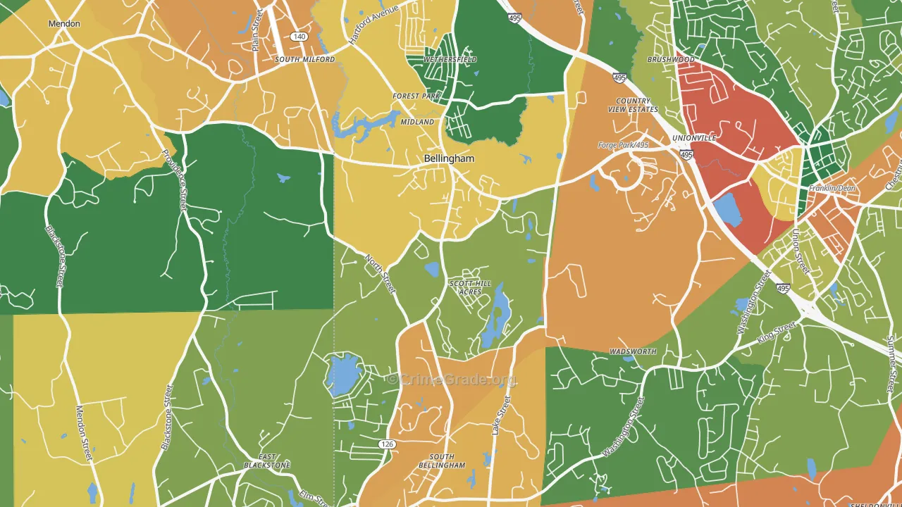 Bellingham, MA Map of Burglary Rates
