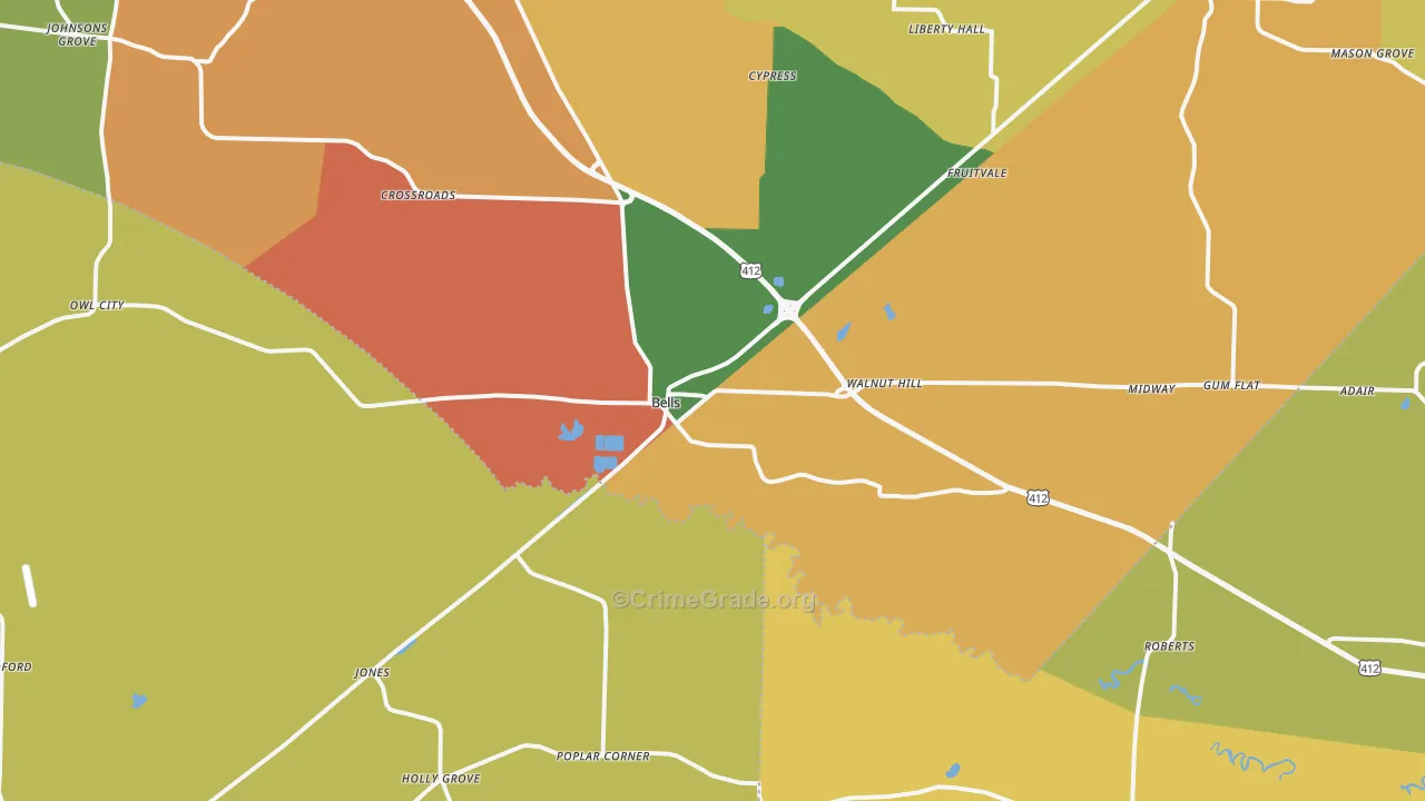 Bells, TN Map of Burglary Rates