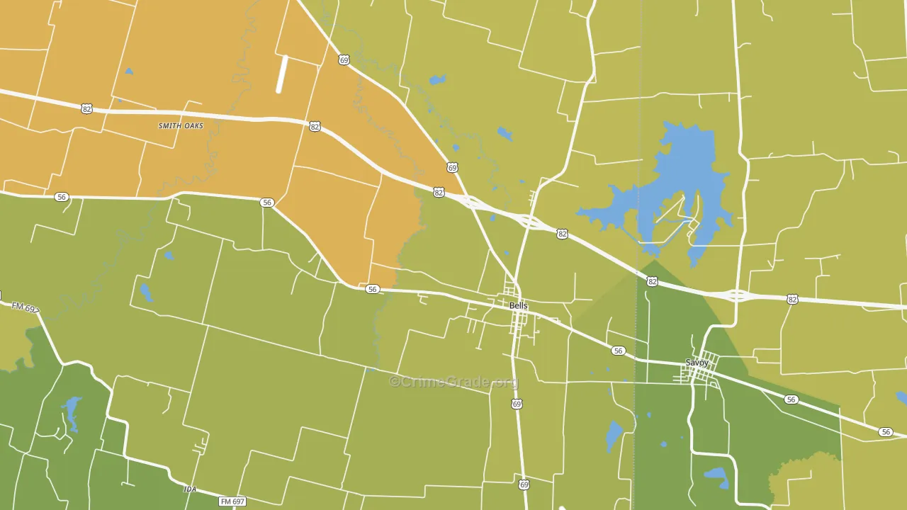 Bells, TX Map of Burglary Rates