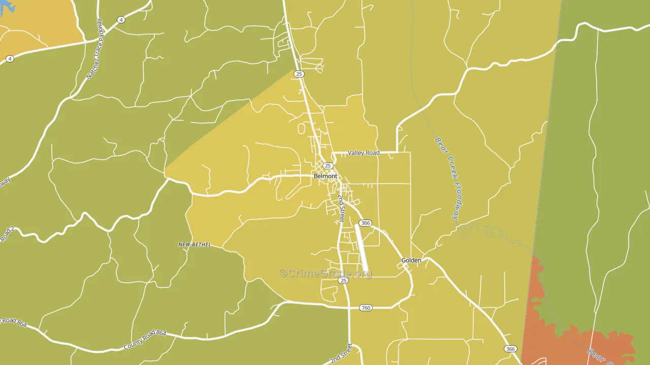 Belmont, MS Map of Burglary Rates