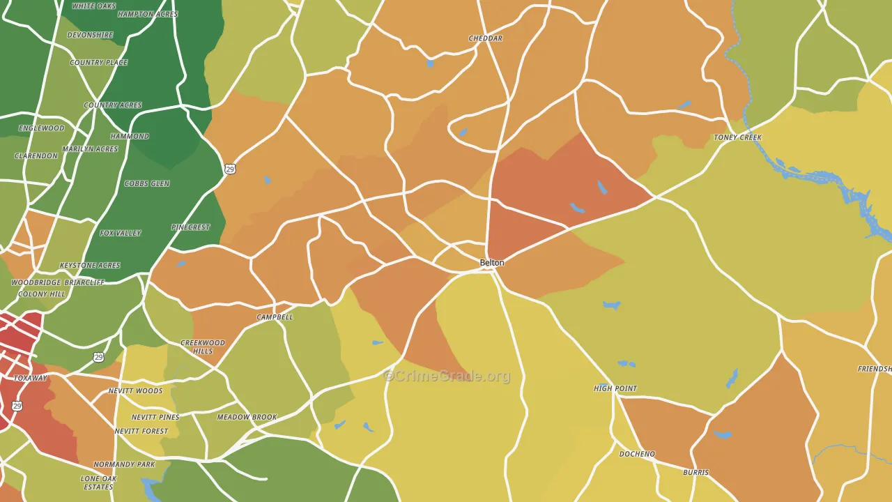Belton, SC Map of Burglary Rates